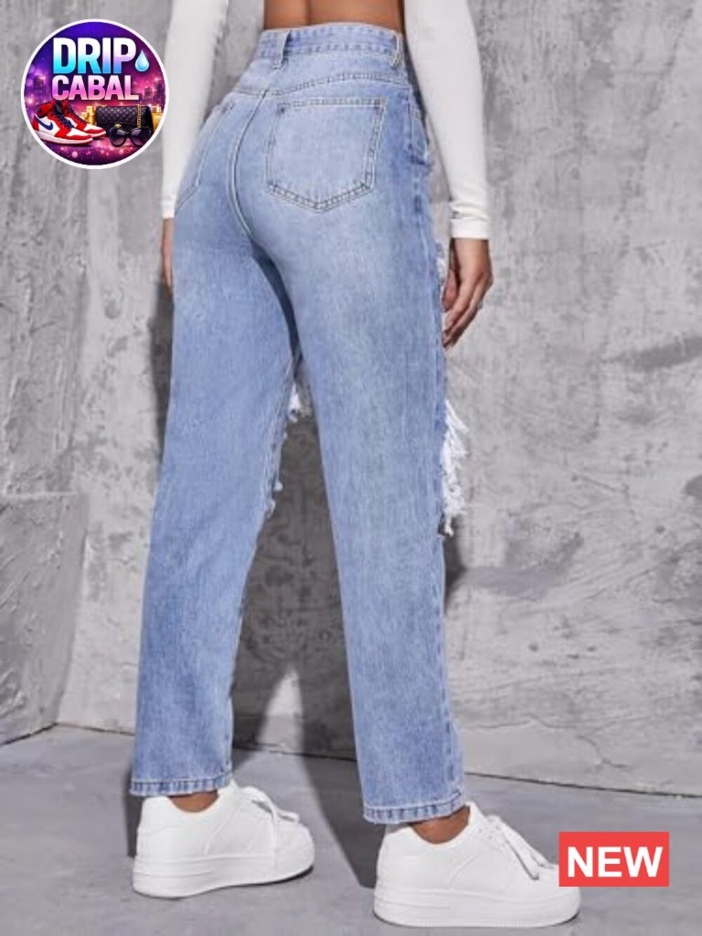 High Waist Boyfriend Straight Leg Ripped Jeans Distressed Denim - Picture 4 of 5